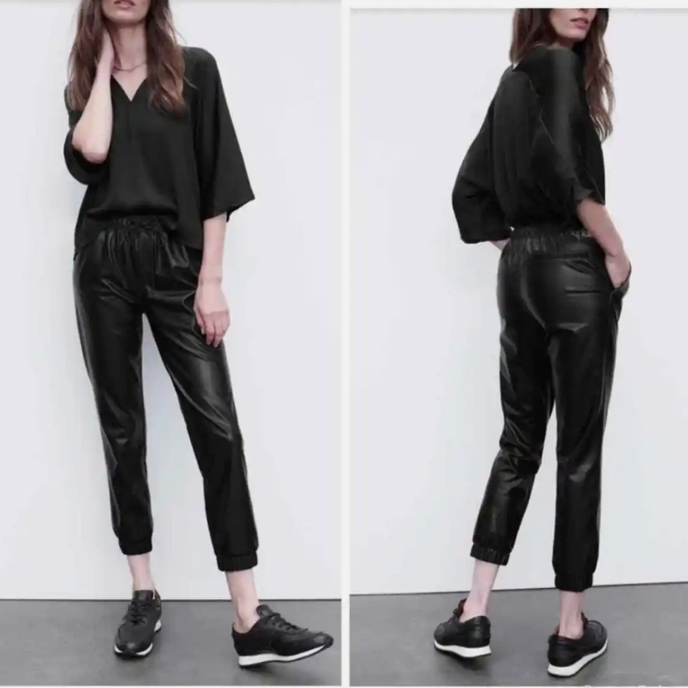 Missguided Faux Leather Jogger Pants Black Drawstring Elastic Size 6
